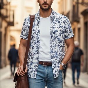 Banana Republic Blue and White Floral Men's Shirt